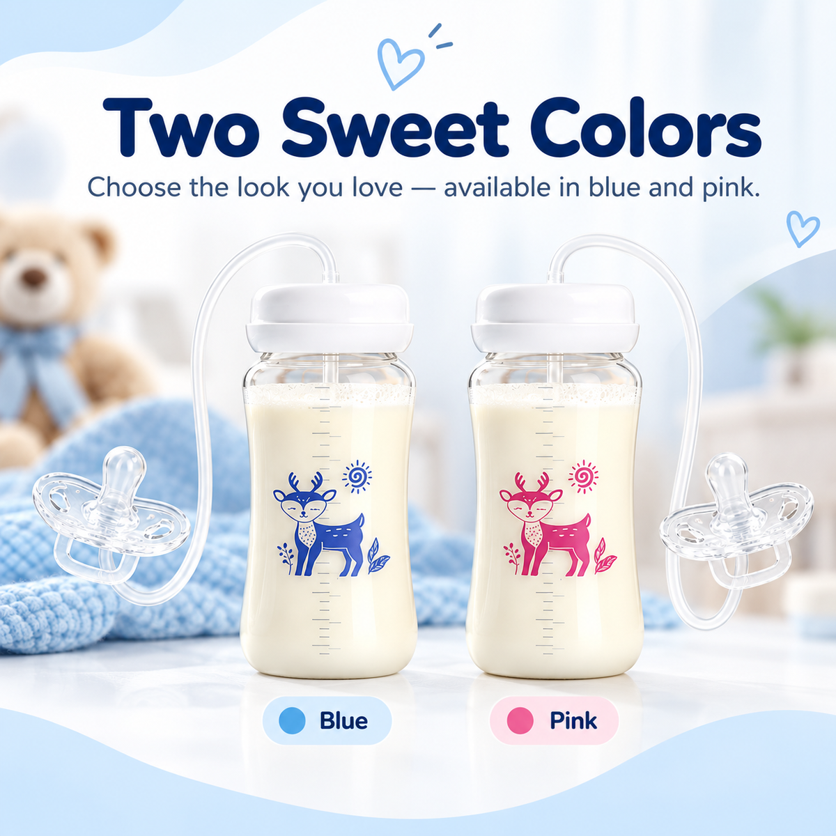 🍼💙✨ Cute Deer Baby Feeding Bottle & Connected Pacifier Set 🦌👶💕 Flexible Tube Design, Clear Milk Bottle, Baby Feeding Essential 🎀🍼 (Blue & Pink) ✨💗
