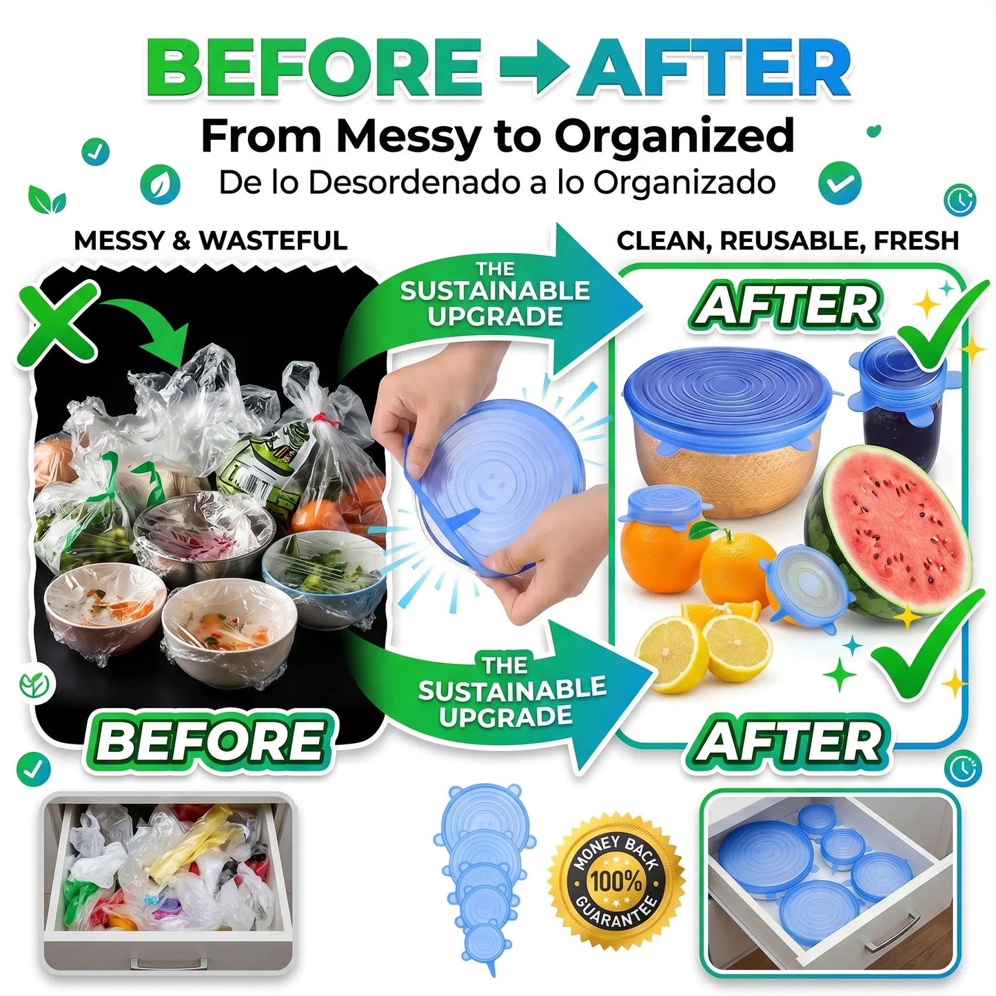 🔥 HOT SALE 🔥Universal Reusable Silicone Lids – 6-Pack Self-Sealing Food Covers for Various Container Sizes