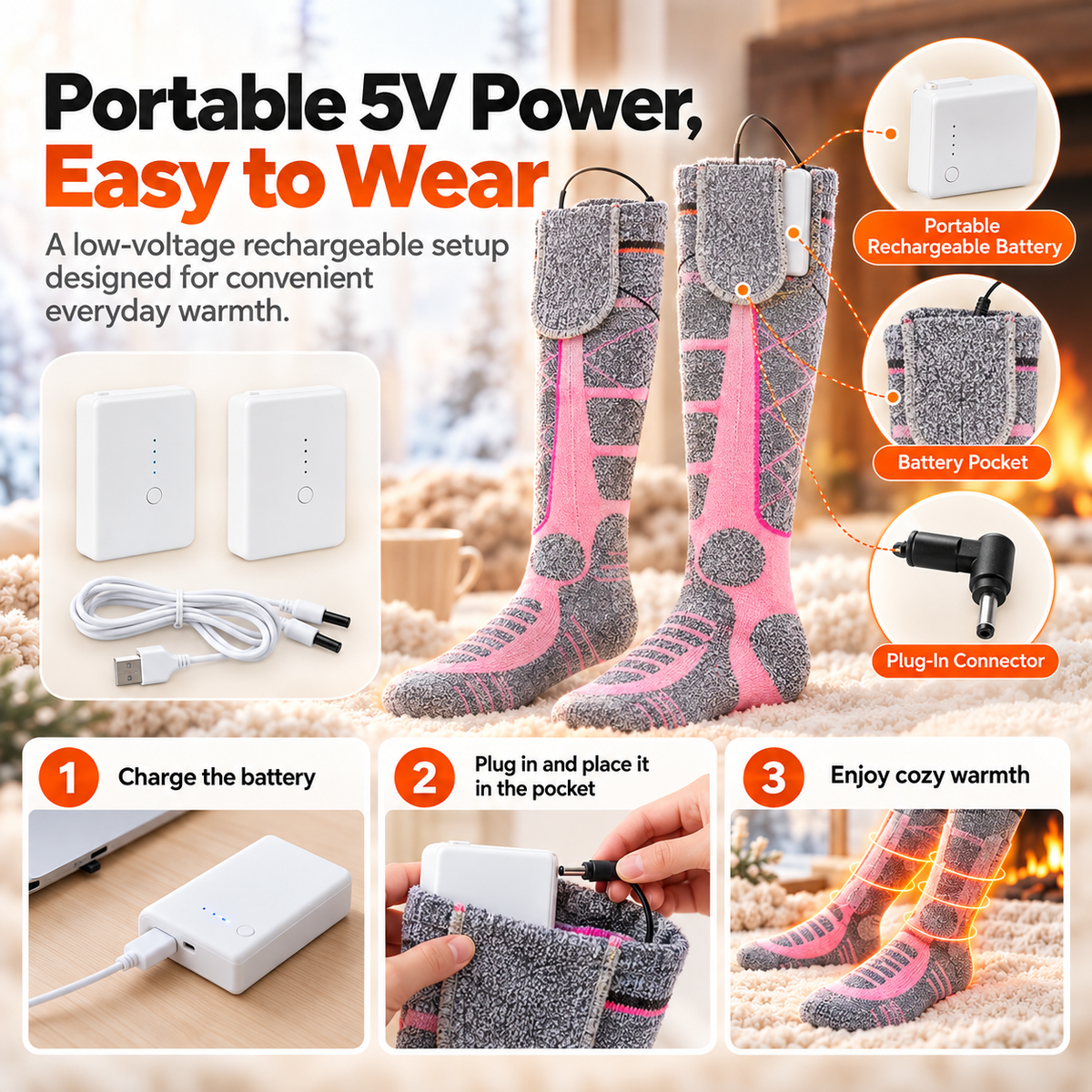 Portable rechargeable 5 volt battery heated sock setup with battery pocket connector and charger
