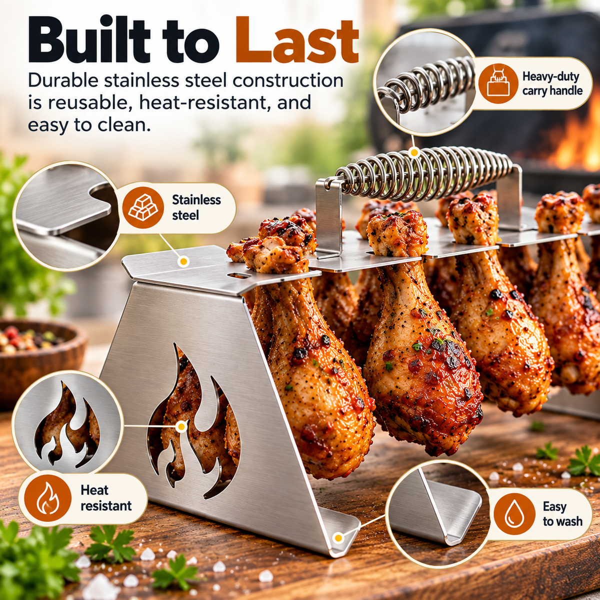 🍗🔥Stainless Steel Chicken Drumstick Grill Rack with Carry Handle – BBQ, Smoker & Oven Chicken Leg Holder