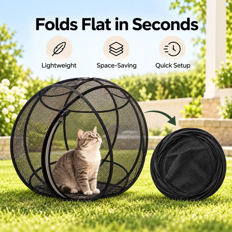 Collapsible black mesh cat playpen shown assembled and folded flat for compact storage