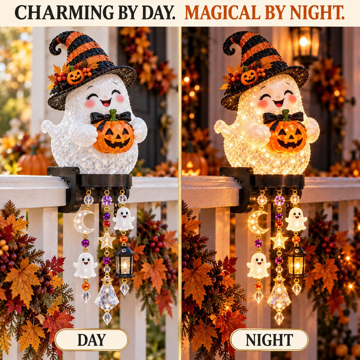 Halloween railing decoration day and night comparison