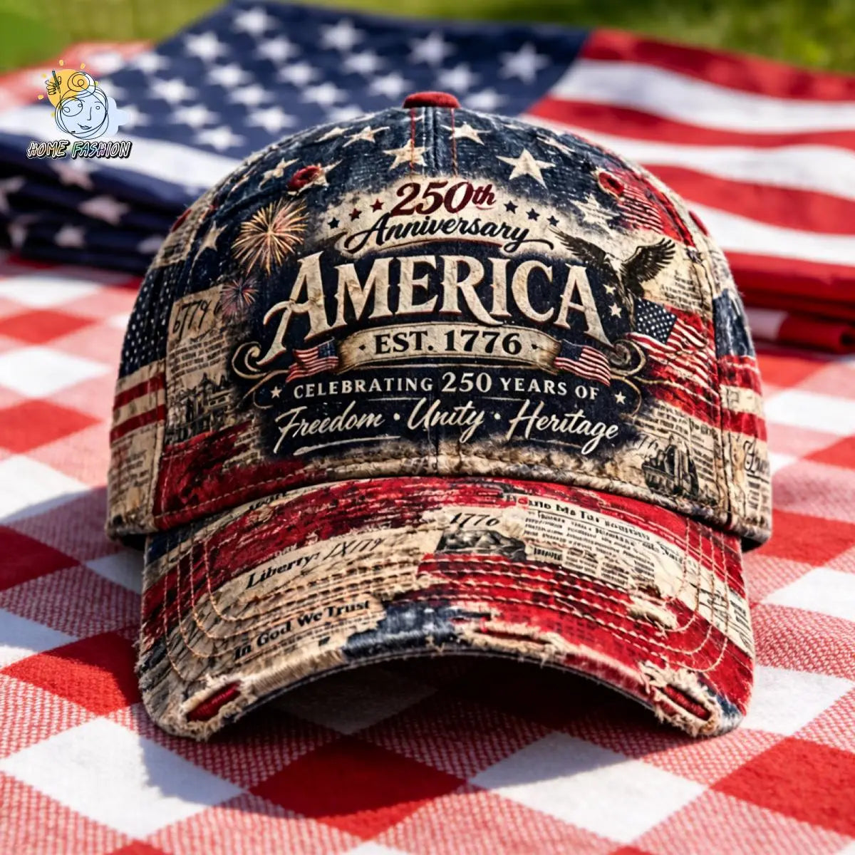 250th Anniversary Baseball Cap Distressed American Flag Print Sun Hat