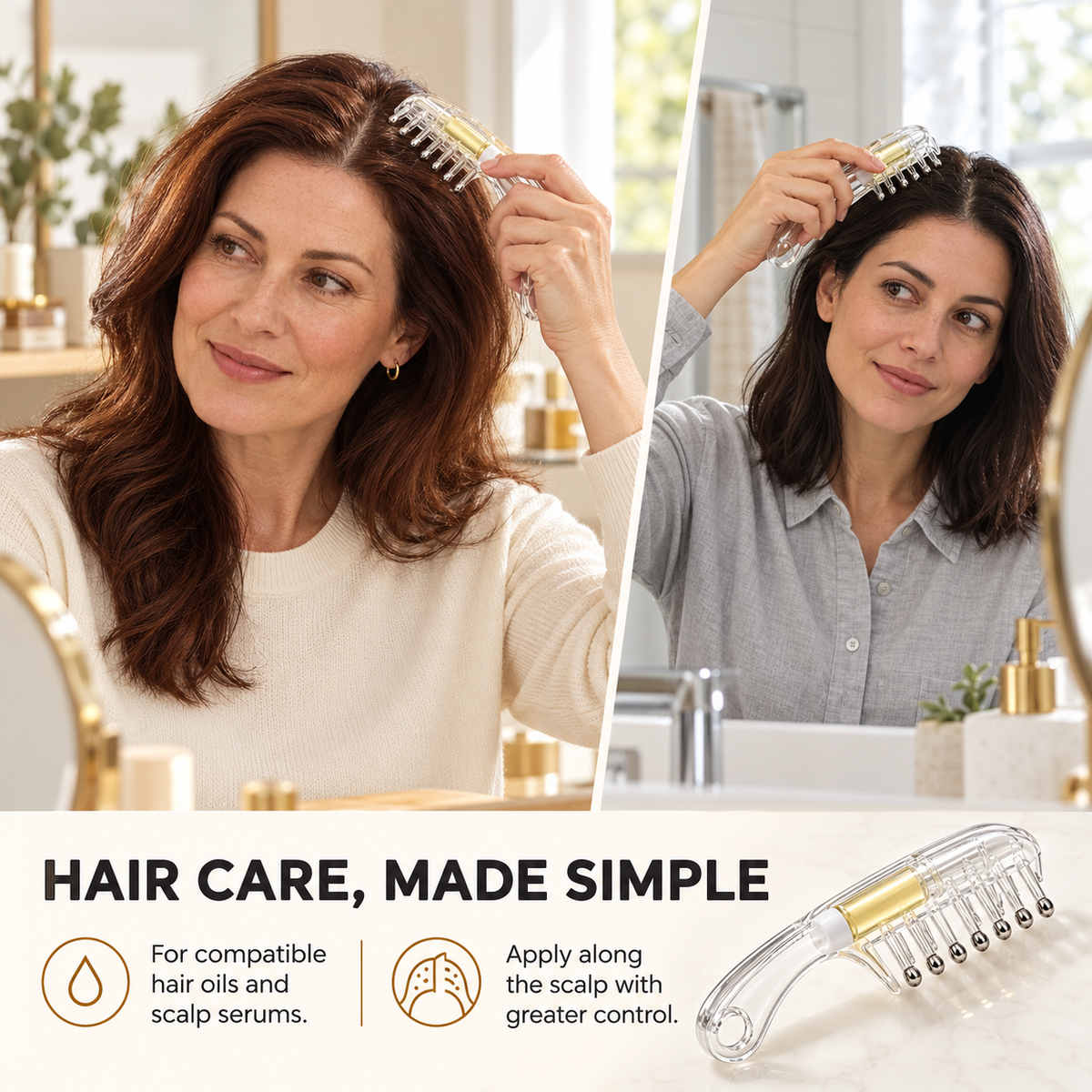 Two women applying scalp care with a transparent applicator comb
