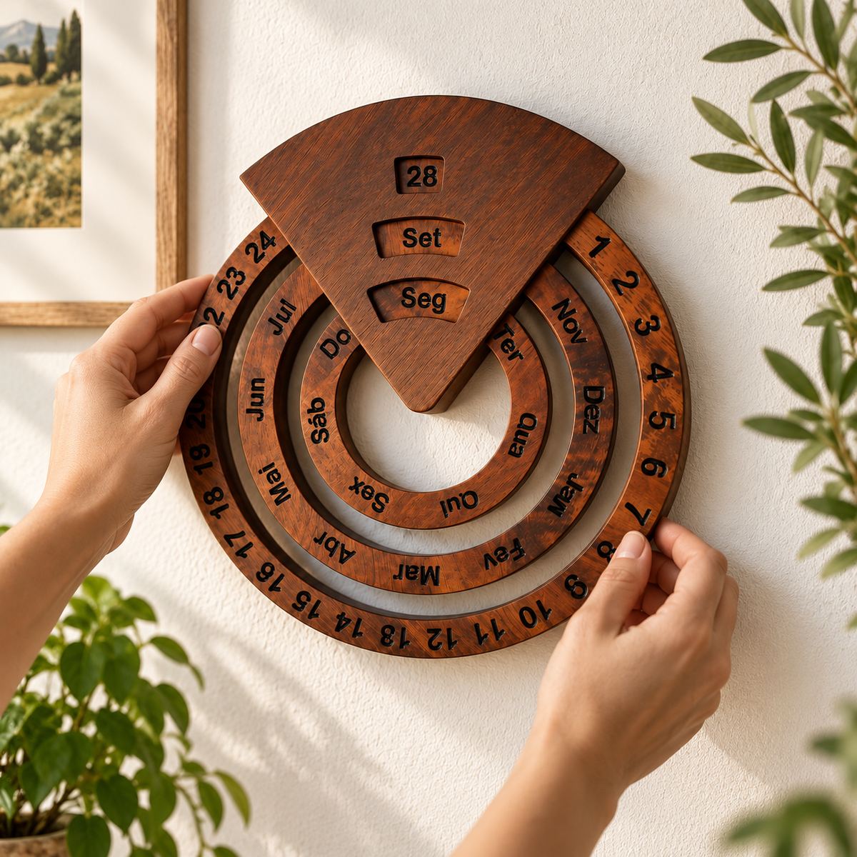 Person manually adjusting the wooden perpetual wall calendar rings