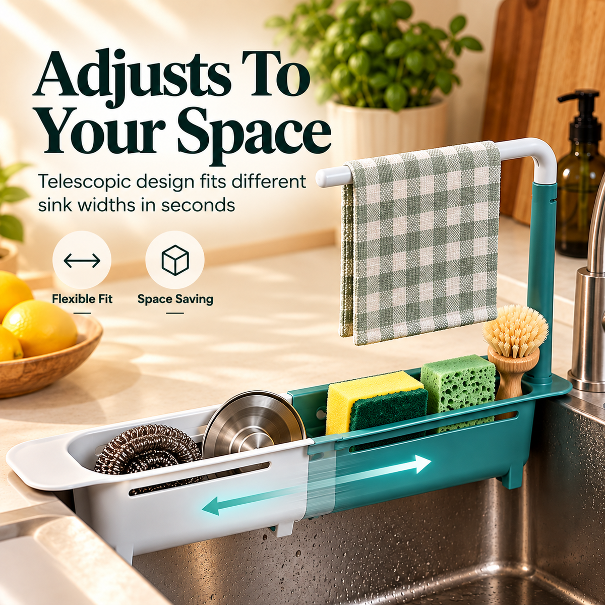 Adjustable telescopic sink organizer extended to fit a kitchen sink with arrows illustrating its expandable width