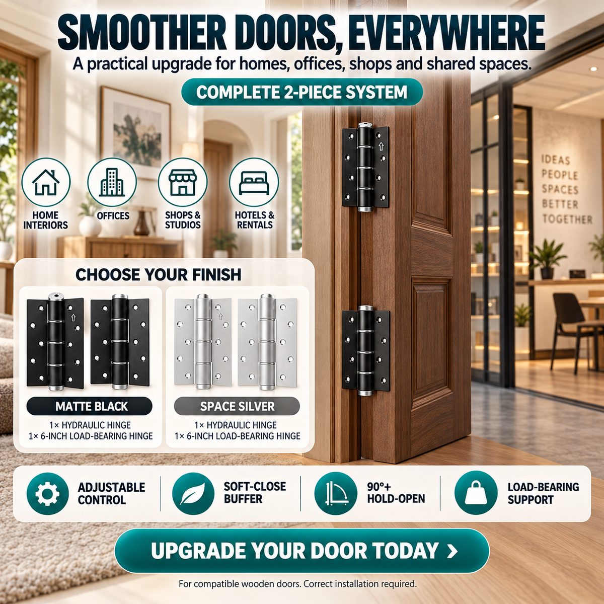 🚪2-Piece Hydraulic Self-Closing Door Hinge Set – Adjustable Soft Close & 90° Hold-Open