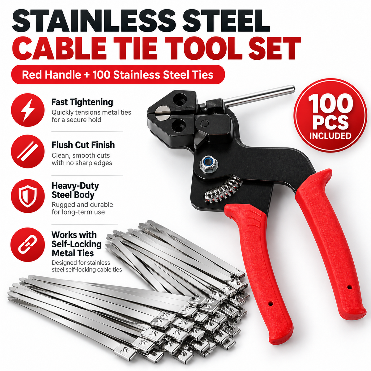 Heavy duty metal cable tie tensioning and cutting pliers with red grips and 100 stainless steel cable ties