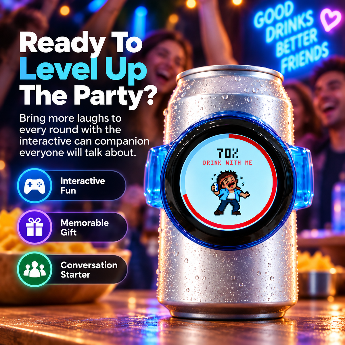 Pixel Party Can Companion on a table during a social party