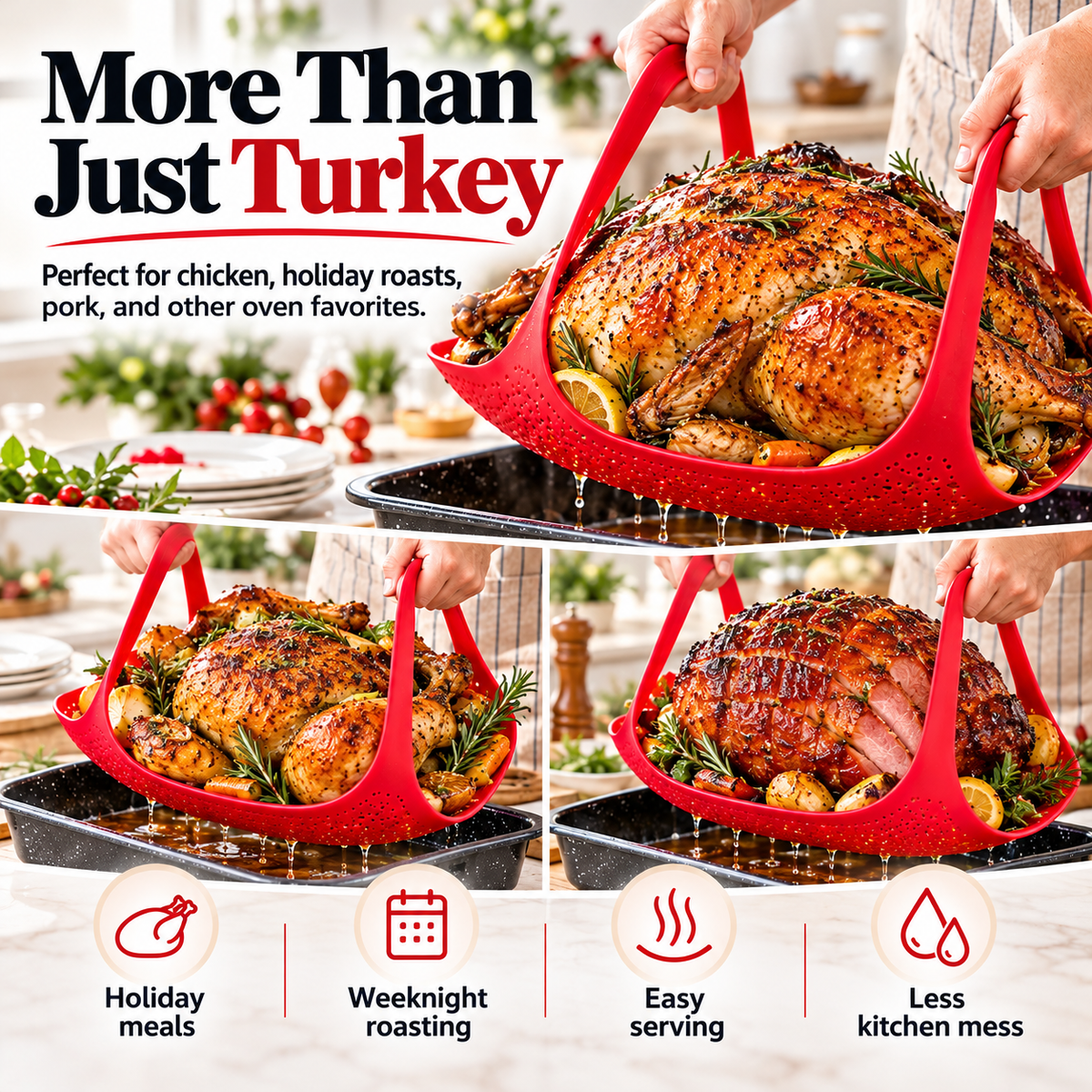 Silicone roasting sling used for turkey chicken pork and holiday roasts