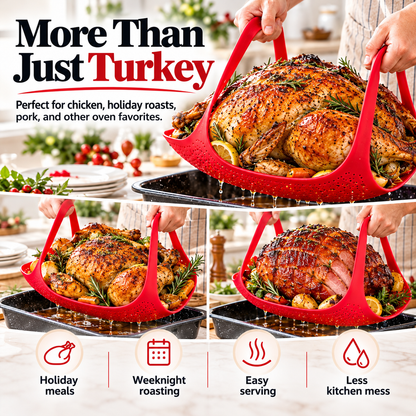 🔥🦃 BBQ & Thanksgiving Essential! 🍗 Heat-Resistant Silicone Turkey Roasting Sling 🍖✨ Easy-Lift Meat Lifter with Basting Tools 🧑‍🍳🍽️ Perfect for Turkey, Chicken & Holiday Roasts 🎄🎁
