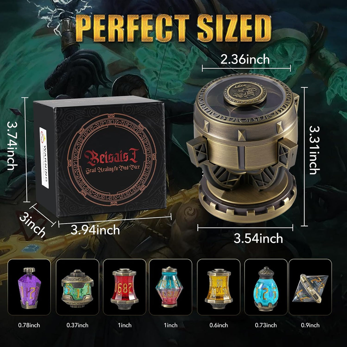 Dimensions of fantasy dice display case and seven individual dice