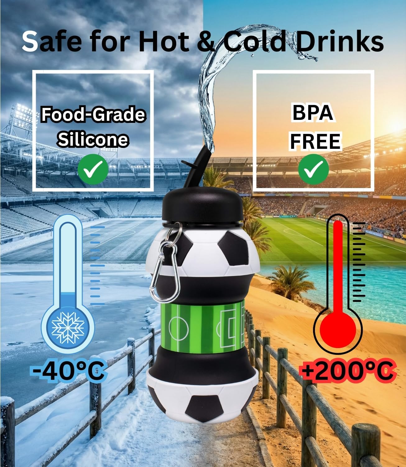 ⚽ Soccer-Shaped Collapsible Silicone Water Bottle | BPA-Free Leak-Proof Sports Cup for Kids