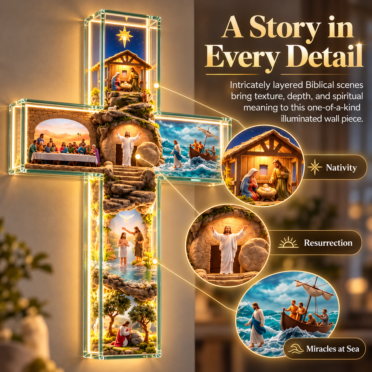 ✝️Illuminated 3D Biblical Story Cross – Warm LED Christian Wall Decor & Meaningful Faith Gift