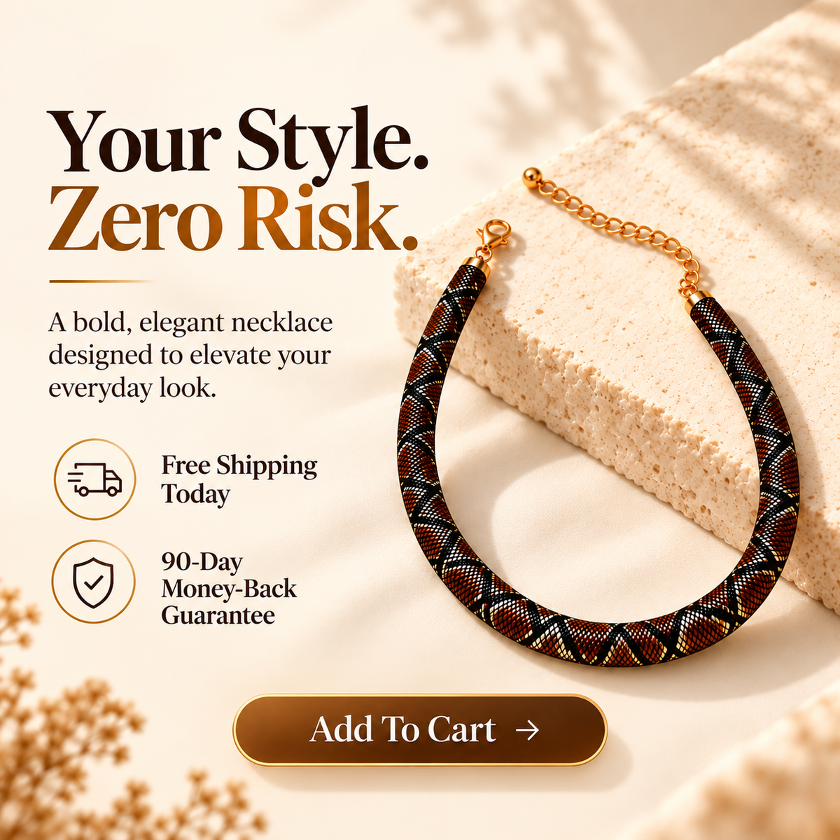 🐍 Snake-Print Statement Collar Necklace | Bold Textured Choker, Gold-Tone Adjustable Chain & Day-to-Night Style 💛