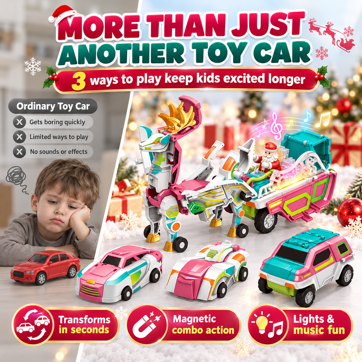 Ordinary toy car compared with three magnetic transforming Christmas cars that combine into a reindeer sleigh