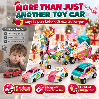 🎄🚗 3-in-1 Magnetic Transforming Christmas Car Set 🧲🦌✨ Santa's Reindeer Sleigh with Lights & Music 🎶🎁 Magical Christmas Gift for Kids