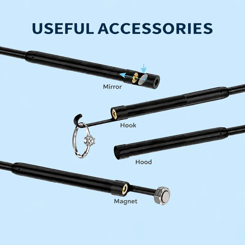 IP67-rated endoscope probe with accessory attachments and waterproof camera head