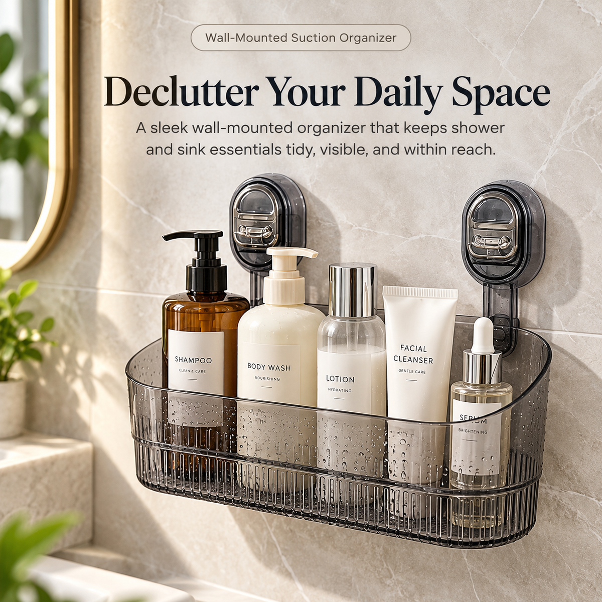 Wall-mounted dark translucent suction cup organizer basket holding shampoo, body wash, lotion and skincare products