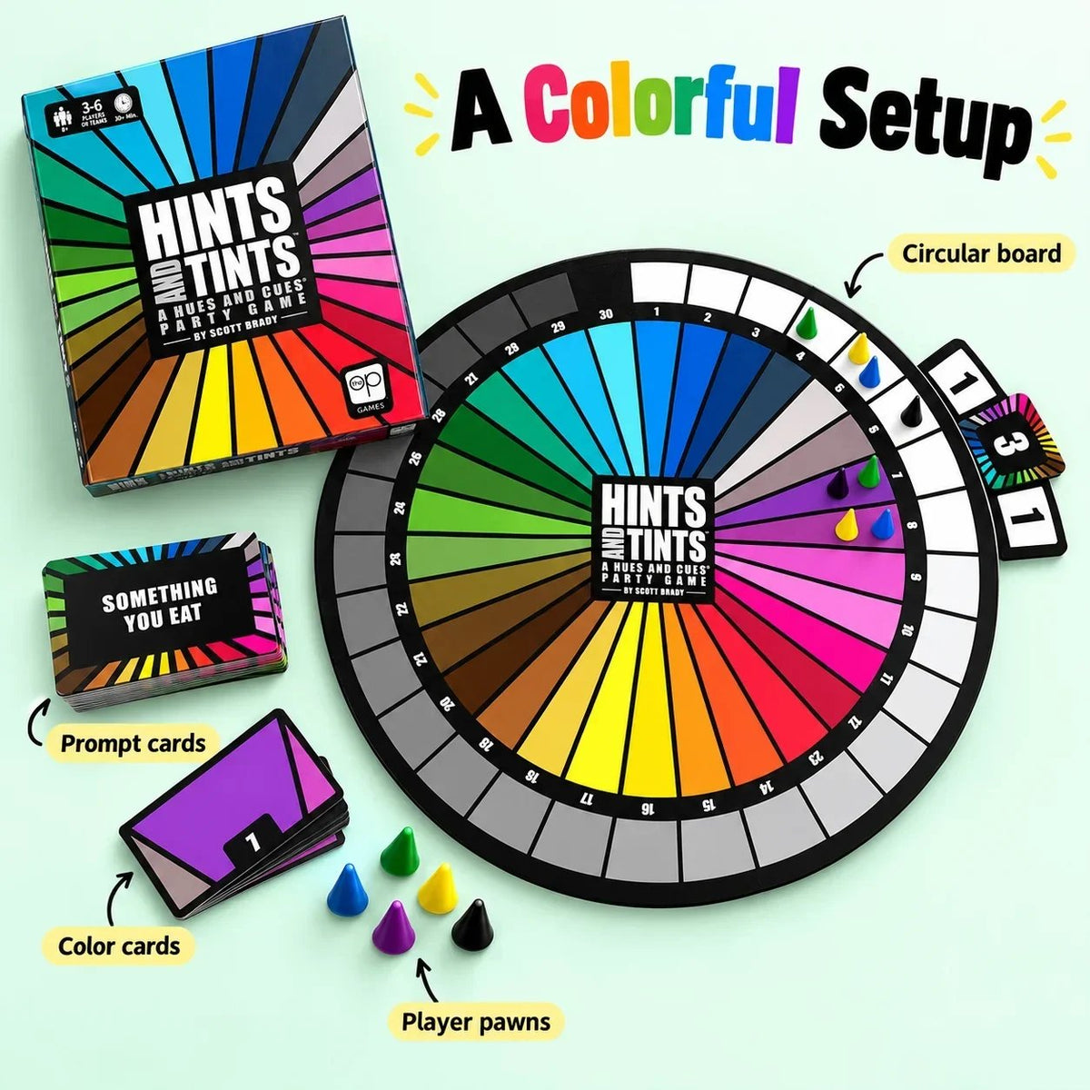 Hints and Tints complete setup with circular board prompt cards color cards and player pawns