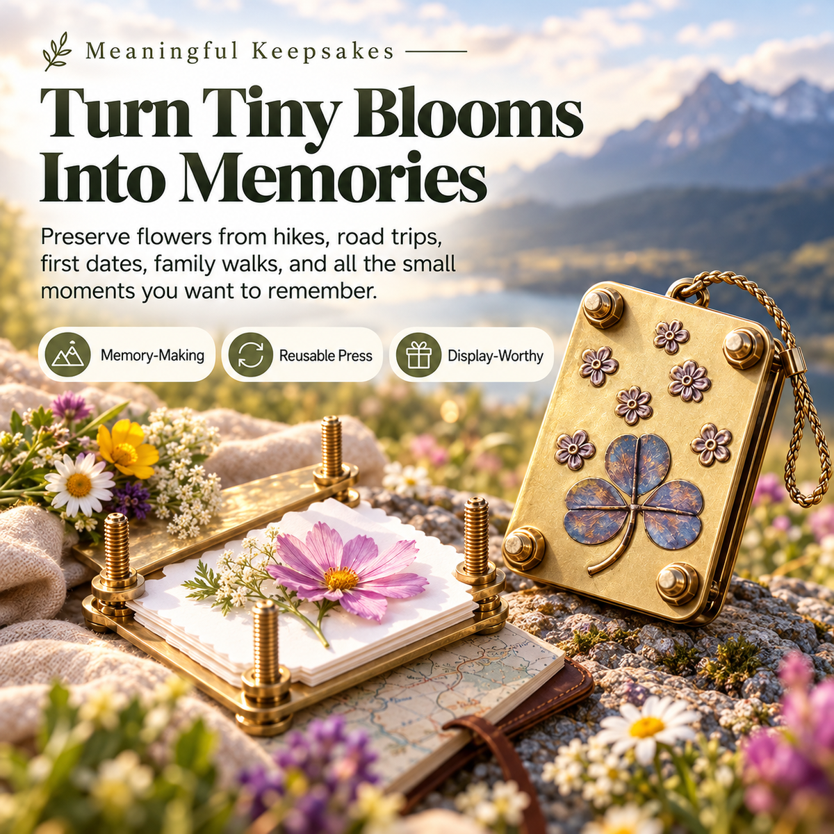 Mini flower press preserving a flower as a meaningful trail keepsake