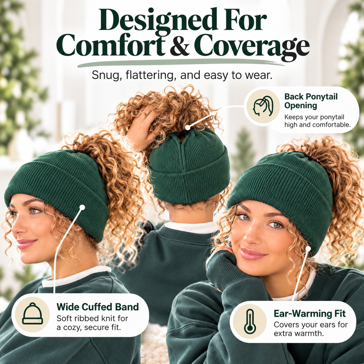 Front side and back views demonstrating the ponytail opening and wide folded cuff on green winter knit beanie