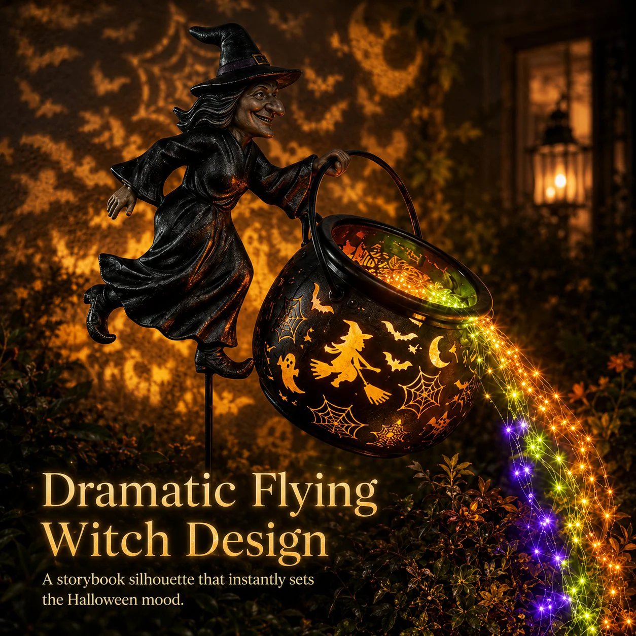 🔥 LAST DAY 50% OFF-🎃 Flying Witch & Glowing Cauldron Garden Light – Magical Halloween Yard Display ✨