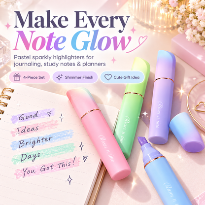 ✨🌈💖 Sparkly Pastel Highlighter Pens Set – 4-Piece Gradient Glitter Markers for Journaling, Study Notes & Planners 🖊️📚🎀💕