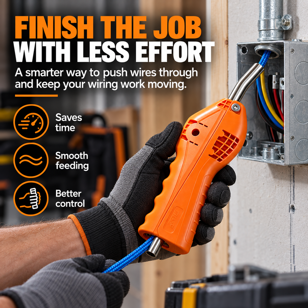 Electrician using orange wire assist tool beside an electrical box to continue feeding line through conduit