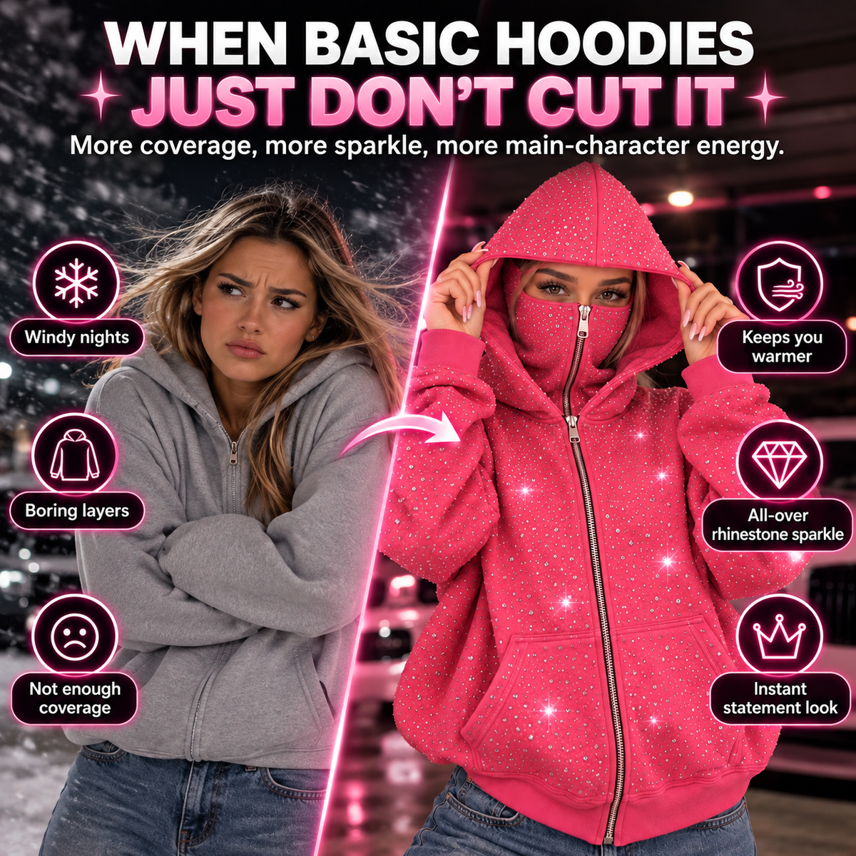 Before and after comparison of a plain gray hoodie and a bright pink rhinestone-covered full-zip hoodie with convertible face-cover styling