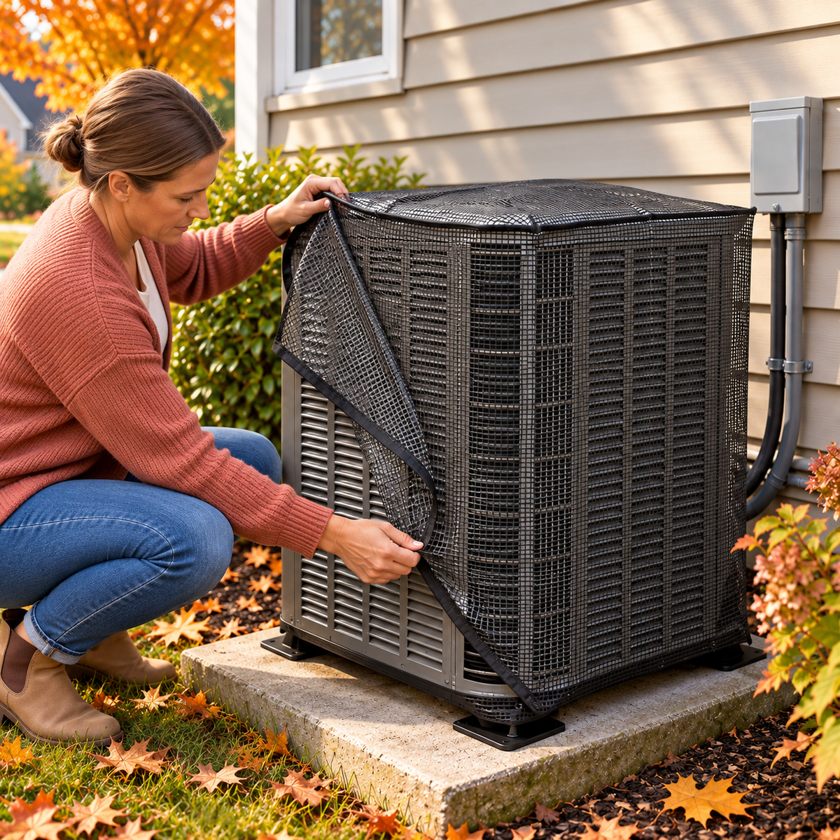 🍂Breathable Full-Mesh Outdoor AC Cover – Leaf & Debris Guard with Secure Fit