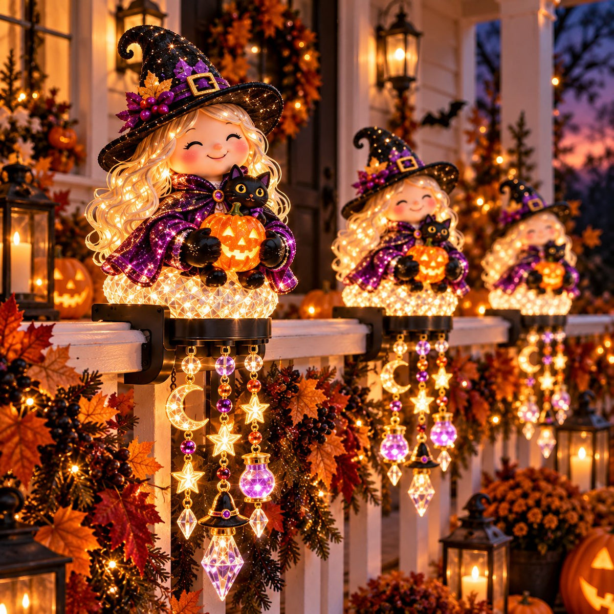 Little Witch and Black Cat Halloween railing lights
