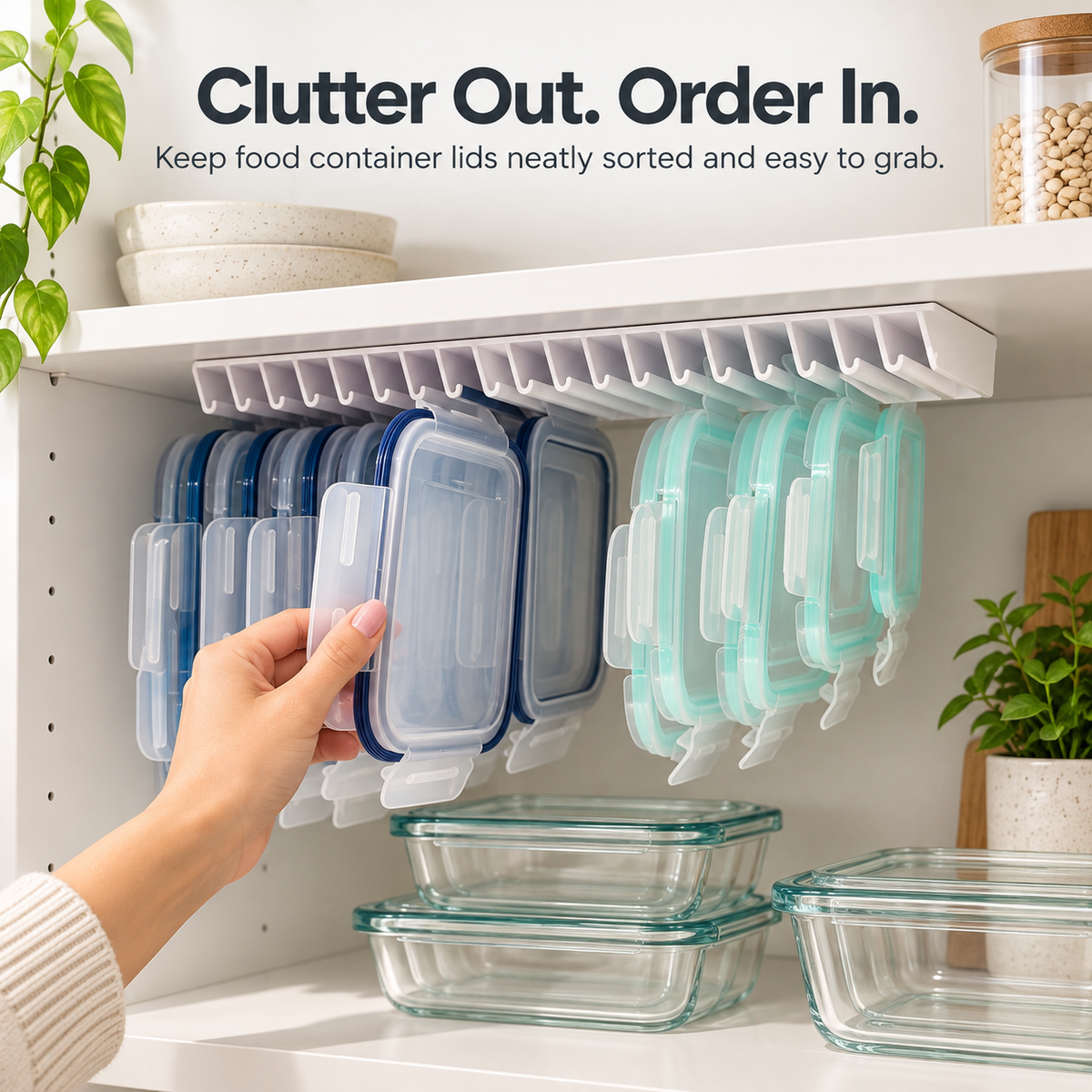 Hand retrieving a food container lid from a neatly arranged under-shelf organizer