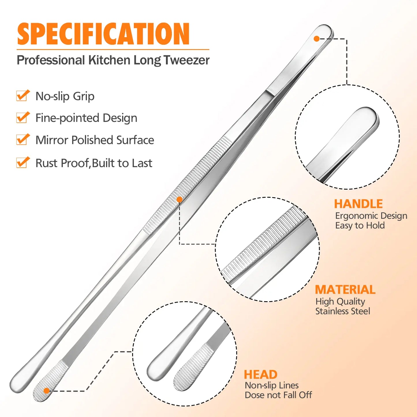 4 Pcs Fine Long Tweezer Tongs Professional Black Set,12'' and 10'' Stainless Steel for Kitchen Utensils , Food, Cooking, Repairing, Sea food and BBQ
