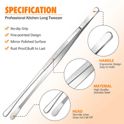 4 Pcs Fine Long Tweezer Tongs Professional Black Set,12'' and 10'' Stainless Steel for Kitchen Utensils , Food, Cooking, Repairing, Sea food and BBQ