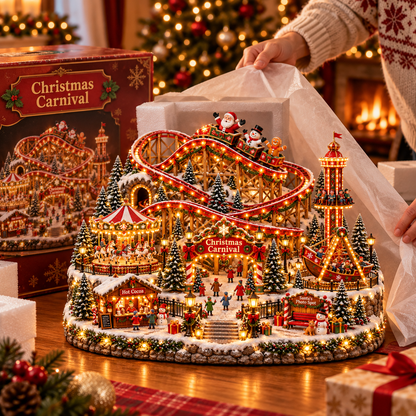 🔥Last Day 50%🎢 Magical Christmas Carnival Village – Animated Roller Coaster & Lighted Holiday Decor
