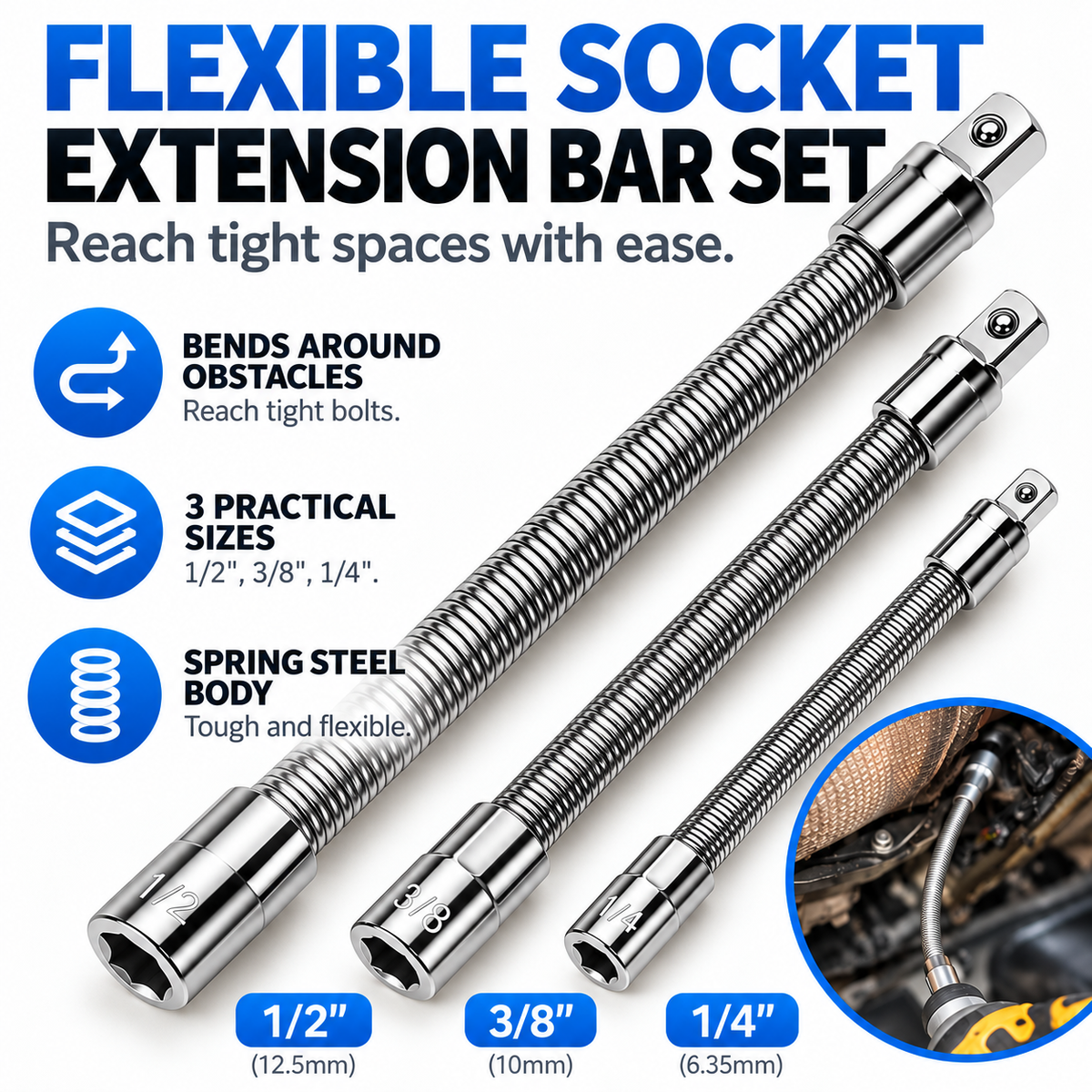 🔧 Flexible Socket Extension Bar Set – 3 Sizes, Bendable Spring Steel, Tight-Space Fastener Access for Automotive Repairs & DIY Projects ⚙️