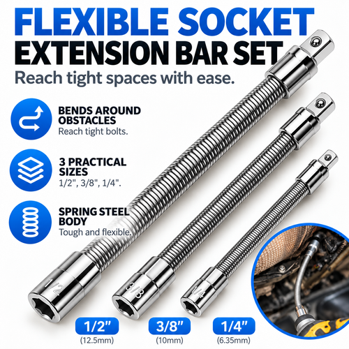 🔧 Flexible Socket Extension Bar Set – 3 Sizes, Bendable Spring Steel, Tight-Space Fastener Access for Automotive Repairs & DIY Projects ⚙️