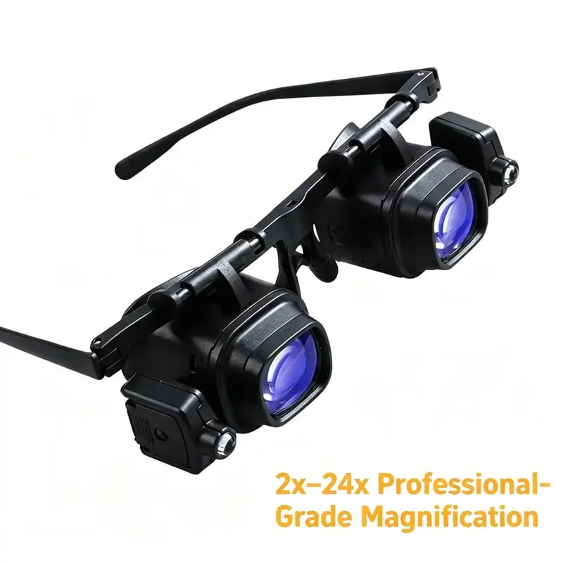 Hands-free LED magnifier glasses with interchangeable close-up lenses