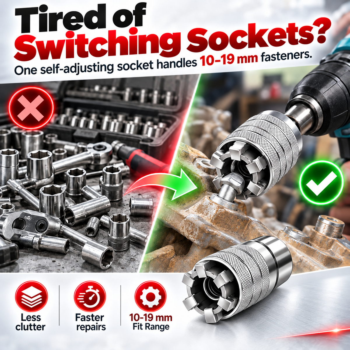 Comparison of a scattered socket set and a self-adjusting universal grip socket being used with a drill