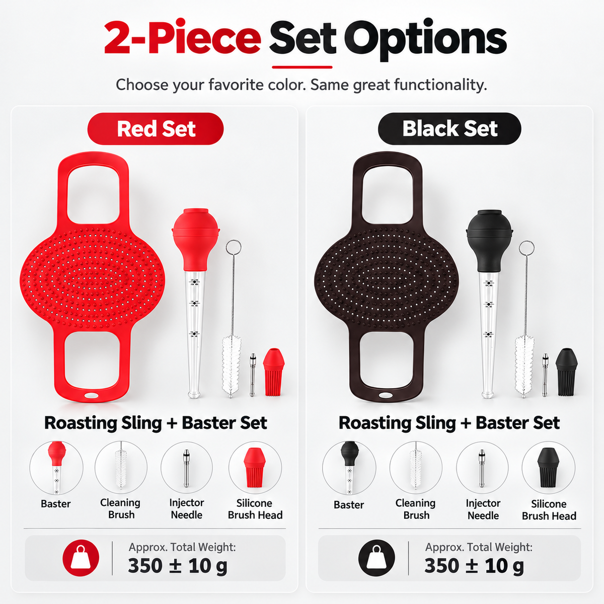 Red and black 2-piece roasting sling and baster set options