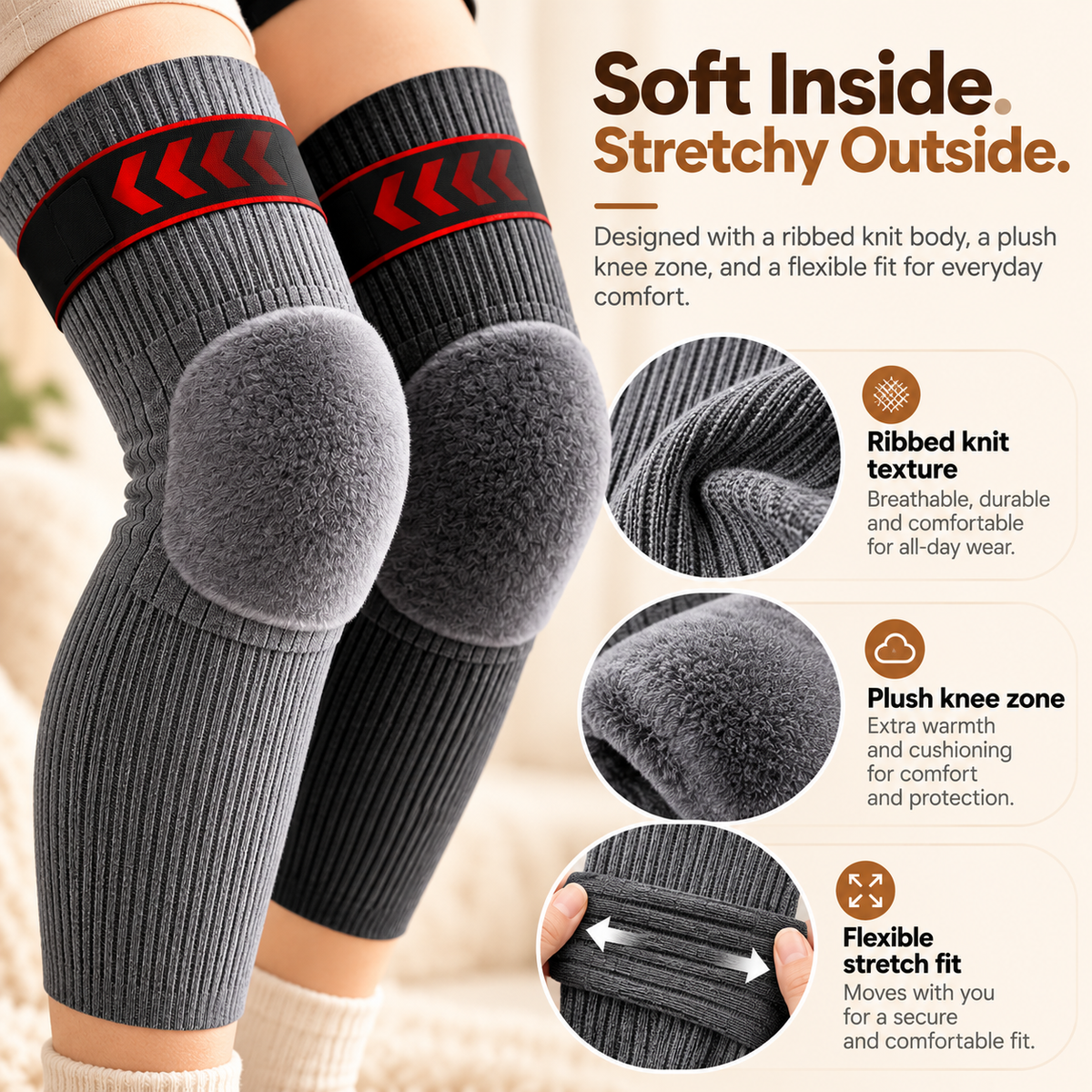 Close-up of ribbed knit fabric plush fleece knee area and stretch construction