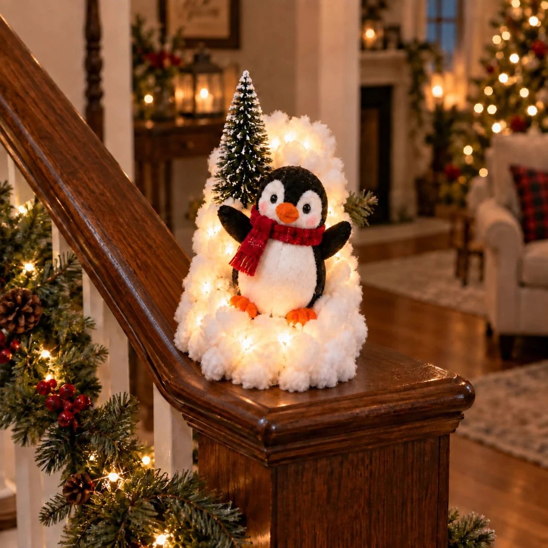 Single lighted penguin Christmas snow section on staircase post