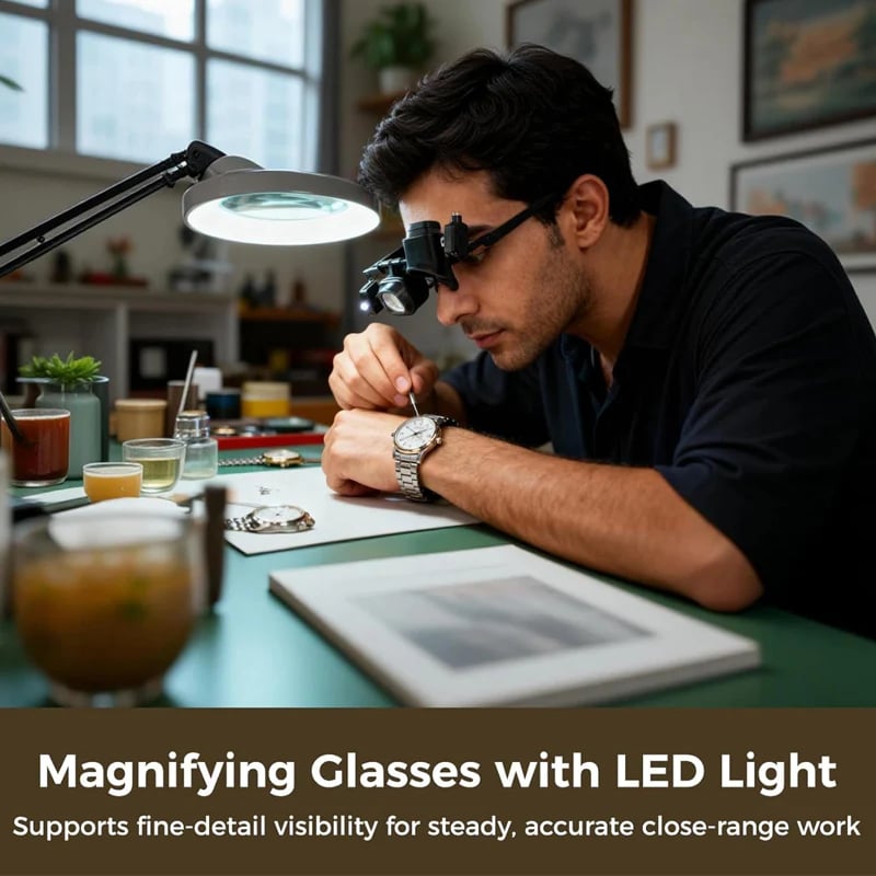 LED magnifier glasses used for precision watch repair