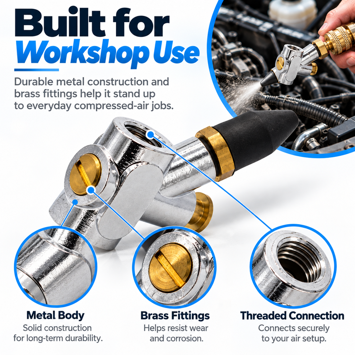 Close-up construction diagram highlighting the metal body, brass fittings and threaded air connection