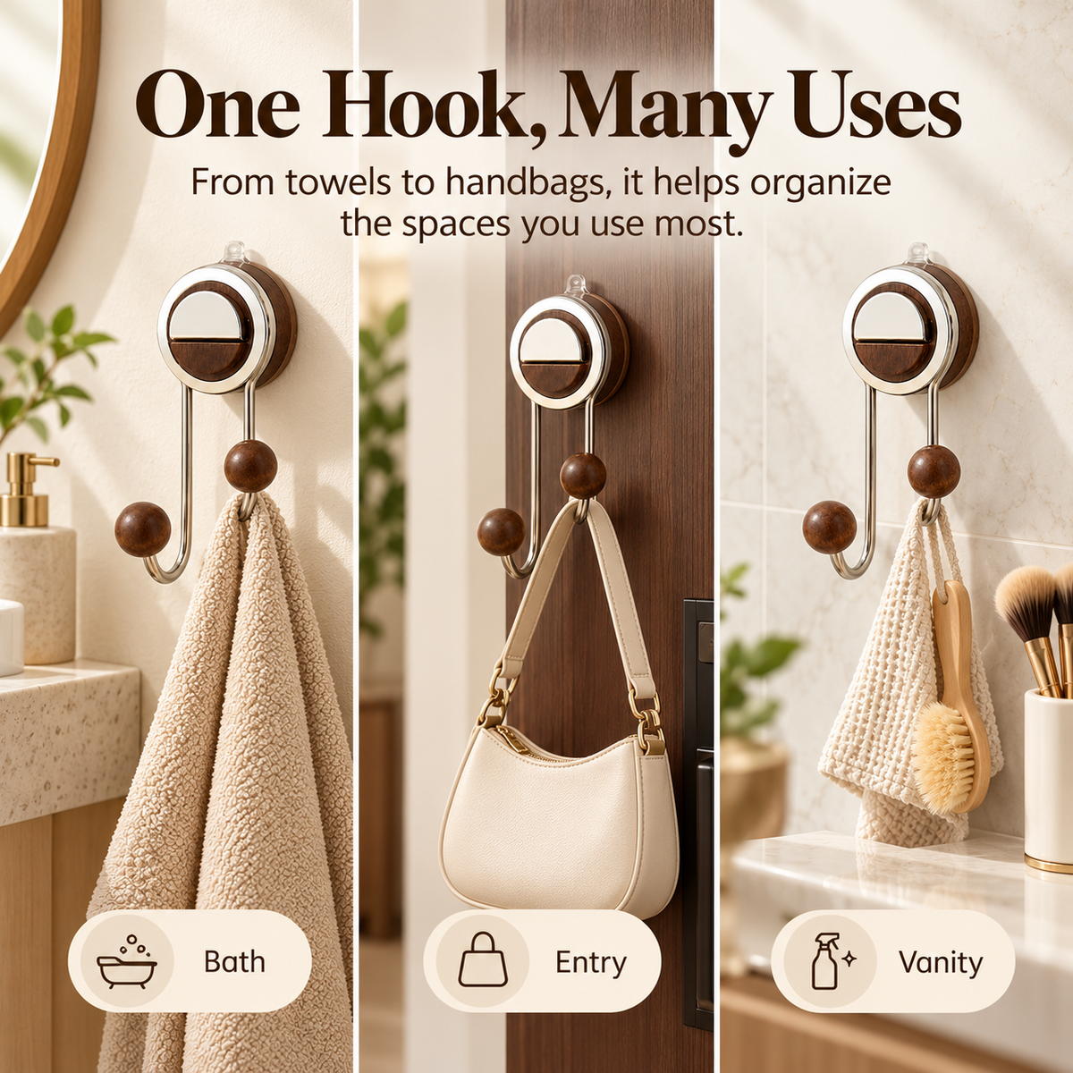 ✨ Drill-Free Foldable Double Hook – Suction Wall Organizer with Walnut-Look Accents
