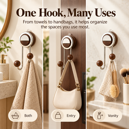✨ Drill-Free Foldable Double Hook – Suction Wall Organizer with Walnut-Look Accents