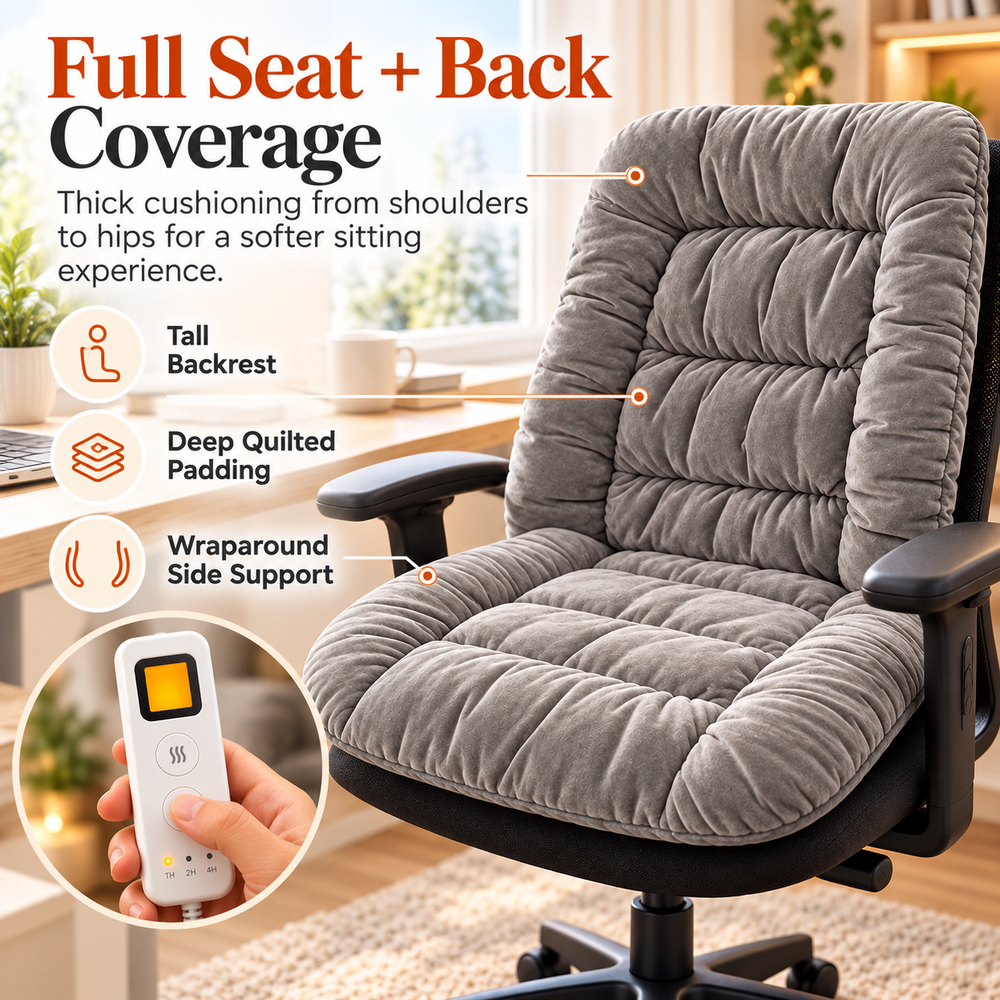 Full view of gray quilted chair cushion covering the office chair seat and tall backrest