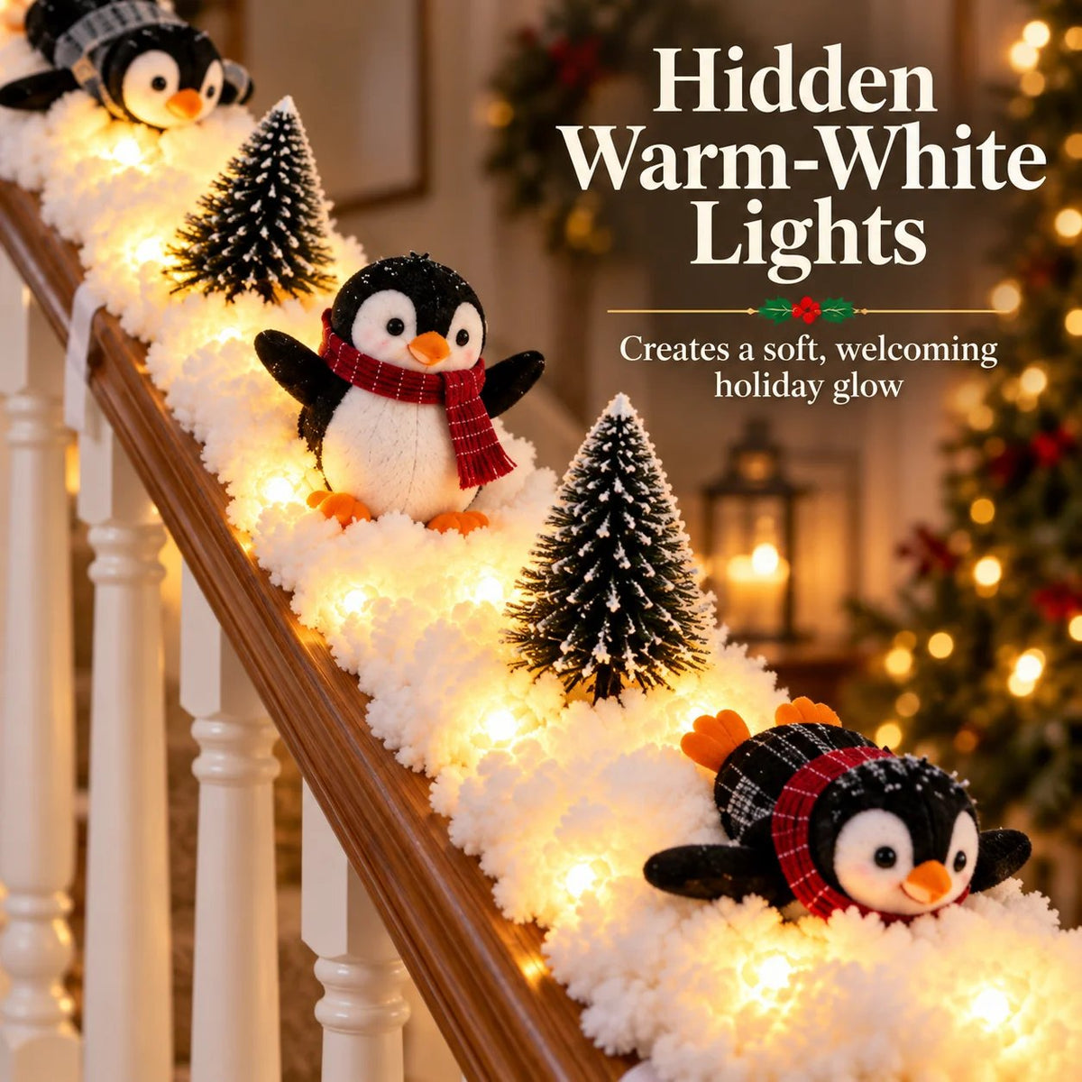 Warm white lights hidden inside fluffy penguin Christmas snow railing decor