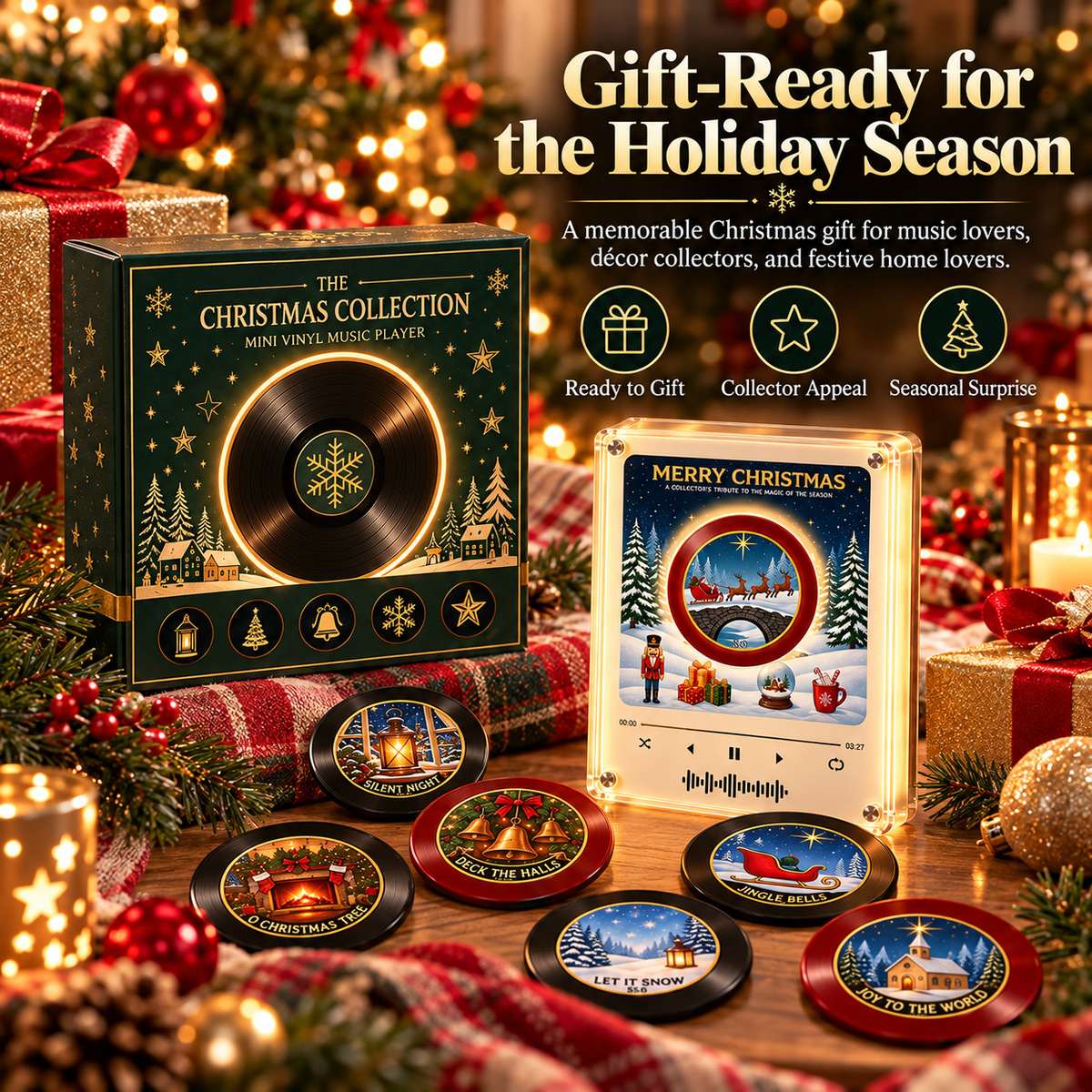 🎄🎶 Christmas Mini Vinyl Record Player Fridge Magnet ✨🎅 Light-Up Musical Christmas Decor 🎁❄️ Interchangeable Holiday Song Discs